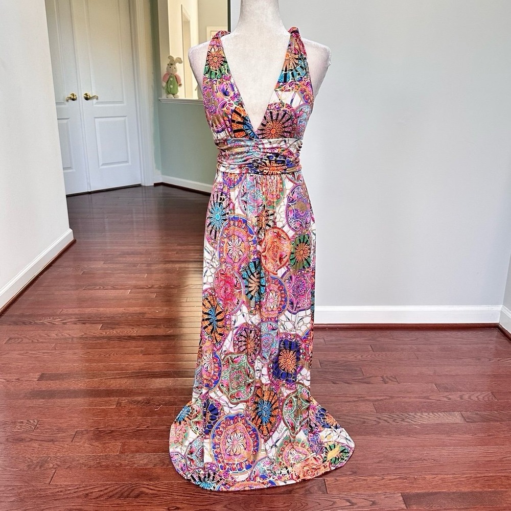 Y2K India Boutique White Multicolored Vibrant Plunge Sexy Flowy Maxi Sun Dress